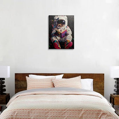Colorful Pop Astronaut Outer Space Theme Classroom Decor Framed Graffiti Spaceman Contemporary Wall Art Canvas Cool Kids' Gifts Galaxy Prints Banksy Poster Universe Trippy Painting (12"x16")