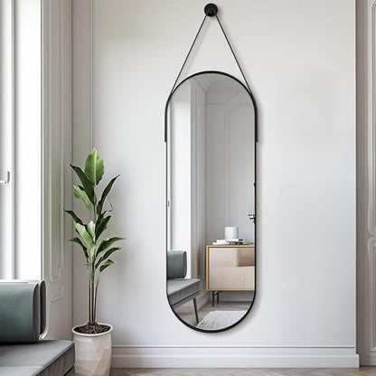 Dewfig 16"x48" Oval Full Length Mirror with Leather Strap Hanging Mirror with Aluminum Frame, Oval Wall-Mounted Mirrors for Living Room Bedroom Entryway Décor, Black