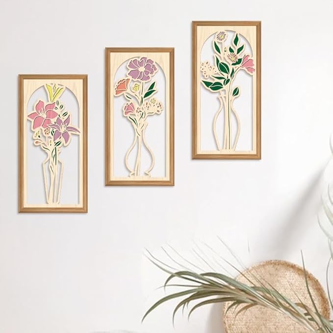 IARTTOP 3 Pcs Boho Flower Vase Wooden Wall Decor Bathroom Floral Farmhouse Decor Botanical Wood Wall Art Spring Flower Artwork for Living Room Bedroom Housewarming Gifts 7.9 x15.8 Inch