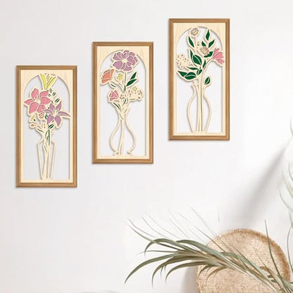 IARTTOP 3 Pcs Boho Flower Vase Wooden Wall Decor Bathroom Floral Farmhouse Decor Botanical Wood Wall Art Spring Flower Artwork for Living Room Bedroom Housewarming Gifts 7.9 x15.8 Inch