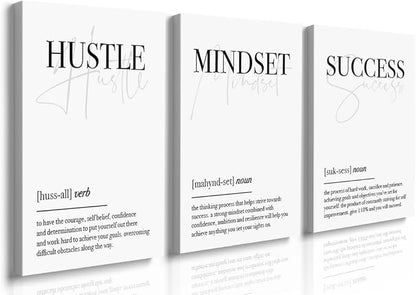 GUBIYU Hustle Mindset Success Wall Art Set of 3 Framed Canvas Black and White Motiviational Wall Art Home Office Wall Decor Inspirational Positive Quotes Posters Success Entrepreneur Gifts 20"x28"