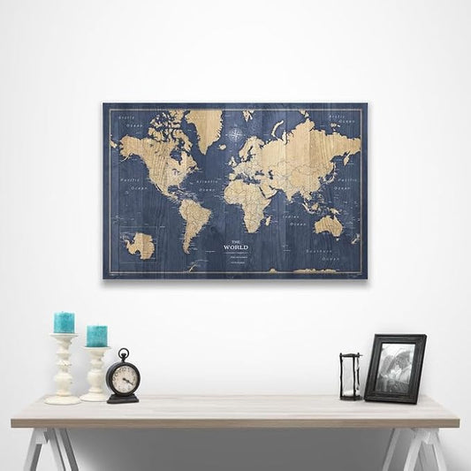 Conquest Maps World Travel Map with Pins Deep-Sea Drift Style Push Pin Travel Map Cork Board, Track Your Travels w/a Handmade Unique Canvas Pinable Map (36" x 24")