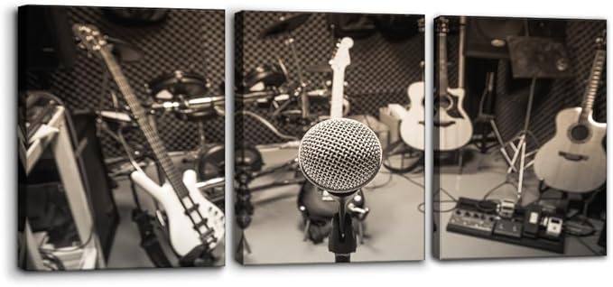 Pacimo 3 Panels Music Artistic Paintings Wall Art The Music of The Band Guitar and Shelf Drum Piano Pictures Print on Canvas for Modern Home Decoration for Living Room Framed Ready to Hang - 12"x16"x3