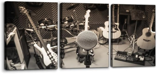 Pacimo 3 Panels Music Artistic Paintings Wall Art The Music of The Band Guitar and Shelf Drum Piano Pictures Print on Canvas for Modern Home Decoration for Living Room Framed Ready to Hang - 12"x16"x3