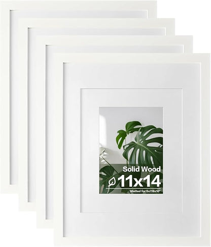 Egofine 11x14 Picture Frames 4PCS Covered by Plexiglass, Made of Solid Wood, Display Pictures 8x10/5x7 with Mat or 11x14 Without Mat for Table Top and Wall Mounting, White with Texture