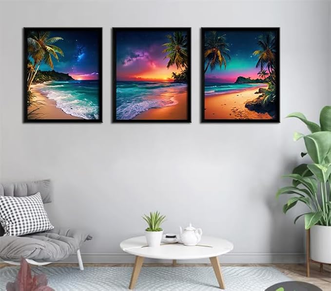 Beach Sunset Black Framed Wall Art for Living Room Tropical Ocean Canvas Prints Northern Lights Aurora Natural Landscape Painting Large Wall Decor for Bedroom Office Dining Room 16"x24"x3pcs