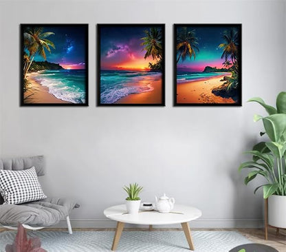 Beach Sunset Black Framed Wall Art for Living Room Tropical Ocean Canvas Prints Northern Lights Aurora Natural Landscape Painting Large Wall Decor for Bedroom Office Dining Room 16"x24"x3pcs