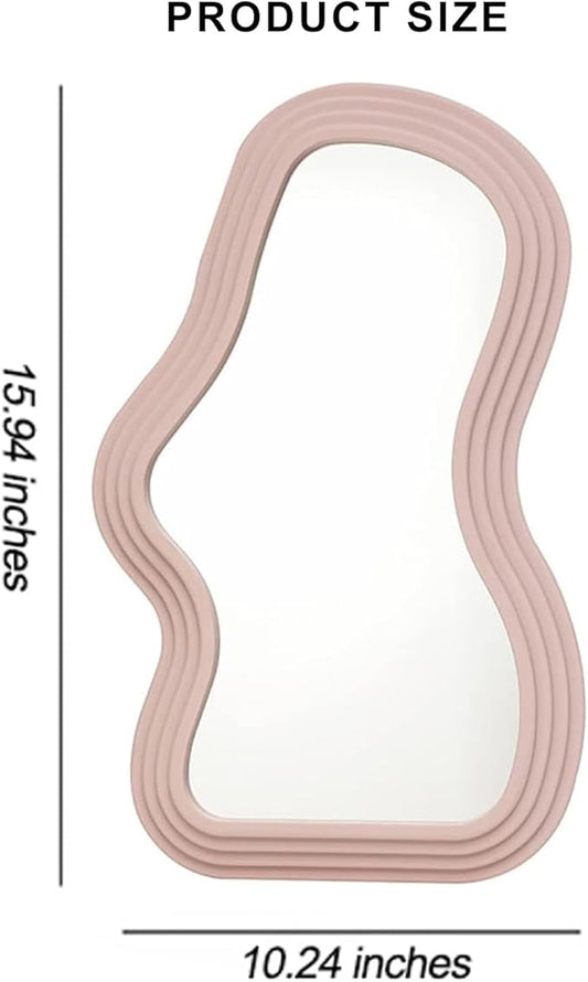 Mokoze Wavy Wall Mirror, Irregular Decorative Accent for Bedroom Vanity Entryway Living Room, Pink Funky Aesthetic Wall Mounted or Tabletop Display, 15.94" x 10.24"