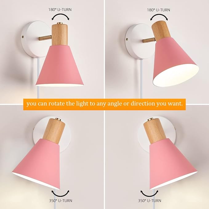Plug in Wall Sconces Lighting Fixture Pack of 2, Wooden Adjustable Bedside Wall lamp for Industrial Bedroom, Living Room Bathroom Sink Lighting (2, Pink)