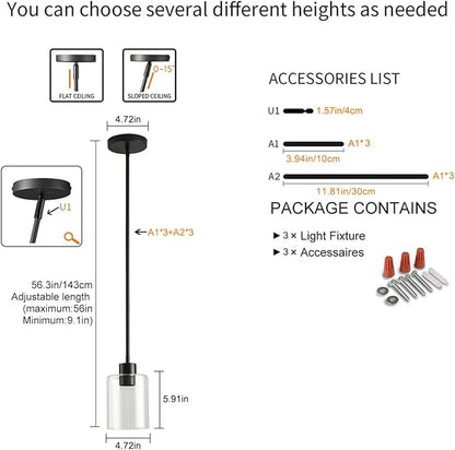 3 Pack Black Pendant Lights Kitchen Island, Modern Industrial Matte Black Hanging Light Fixtures, Adjustable Downrod Farmhouse Glass Pendant Lighting for Dining Room Bedroom Hallway Entryway