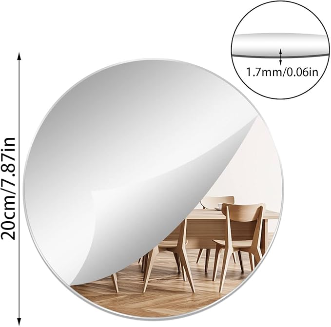 2Pcs 7.87" Round Wall Mirror Tile, Self Adhesive Non Glass Sticker Acrylic Disc, High Clear Circle Decorative for Bathroom, Bedroom, Door