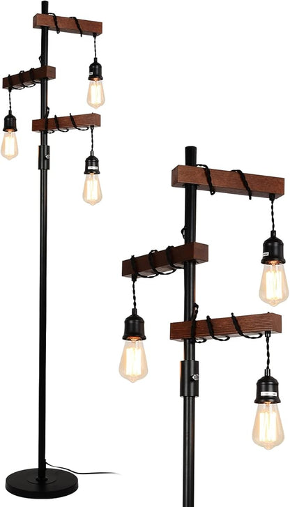 Industrial Floor Lamp, Farmhouse Tree 68 Inch 3 Lights Wood Standing Lamp, Sturdy Base Tall Vintage Metal Black Pole Light for Living Room Bedroom Office Rustic Home