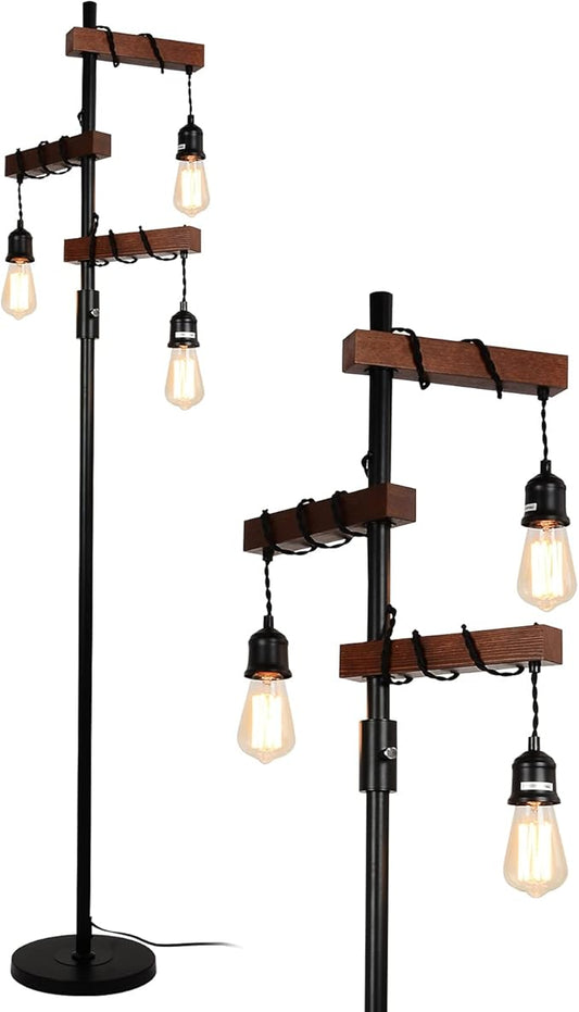 Industrial Floor Lamp, Farmhouse Tree 68 Inch 3 Lights Wood Standing Lamp, Sturdy Base Tall Vintage Metal Black Pole Light for Living Room Bedroom Office Rustic Home