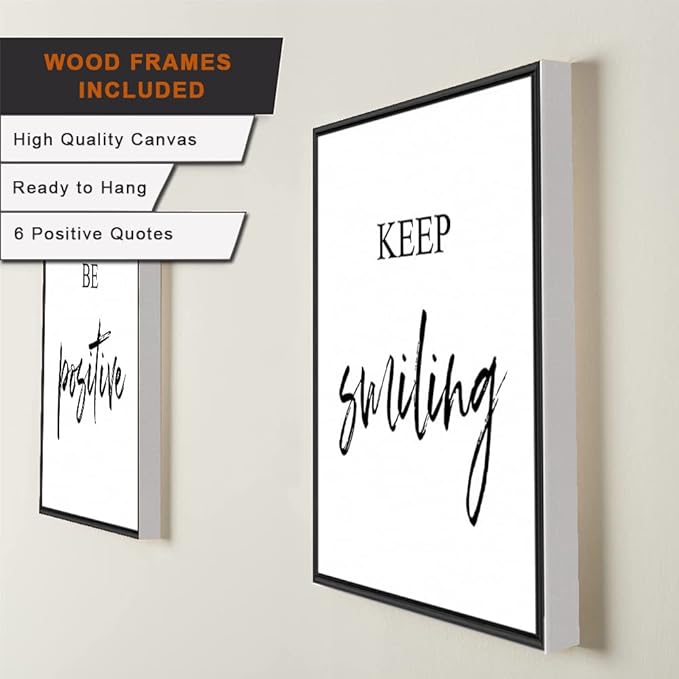 Inspirational Wall Art, Framed Motivational Canvas Wall Art Positive Quote for Living Room Bedroom Office, Stretched Ready to Hang (Set of 6, 8X10in, Framed)
