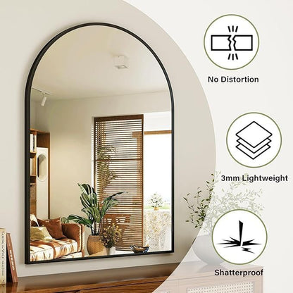 Rowjut Arched Wall Mirror 38"x24"Window Mirrors Decorative Wall & Iron Framed Bathroom Mirror, Arched Top Wall Mirror for Entryway. Living Room, Bedroom, Fireplace .（Black