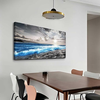 hyidecorart Wall Decor For Living Room Framed Canvas Wall Art For Office Bedroom Decorations Blue Ocean Wall Painting Black and White Beach Pictures Artwork Modern Mural Home Walls Decor
