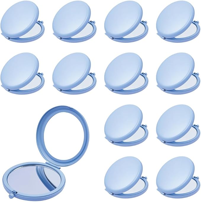 Compact Mirror for Purse, Metal Round Shell, Double-Sided 1X/12X Magnifying, Portable Travel Small Makeup Mirror, Mini Pocket Mirror, Baby Blue, 12 Packs