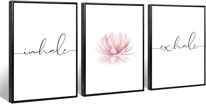 Pennclys Inhale Exhale Wall Art Zen Canvas Decor Yoga Lotus Wall Art Calming Meditation Artwork Pink Yoga Poster Zen Pictures Painting for Living Room Bedroom 16x24 Inch Framed Set of 3