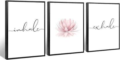 Pennclys Inhale Exhale Wall Art Zen Canvas Decor Yoga Lotus Wall Art Calming Meditation Artwork Pink Yoga Poster Zen Pictures Painting for Living Room Bedroom 16x24 Inch Framed Set of 3