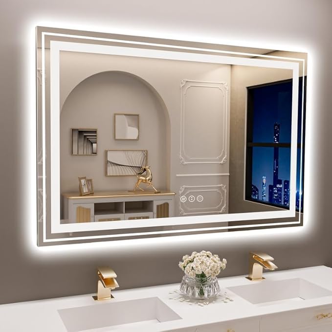 Snowdool LED Bathroom Mirror, 40"X28" with Front and Backlit, Anti-Fog, Bathroom Vanity Mirror for Wall, Memory Function, Stepless Dimmable, Tempered Glass (Horizontal/Vertical)