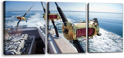 Pacimo 3 Pieces Canvas Wall Art Fishing Reels and Rods Pictures Prints Wall Decor for Living Room Angling Gallery-Wrapped Modern Artwork White Sea Wave Paintings Bedroom House Decor Framed - 12"x16"x3