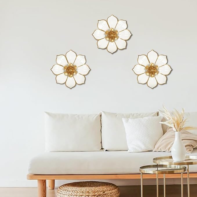 Metal Flowers Wall Decor White and Gold Wall Art Decorations Hanging 3 Pc Rustic Modern Floral Sculpture Wall Accent Artwork Indoor Outdoor for Bathroom Kitchen Bedroom Living Room Patio Porch 10 Inch