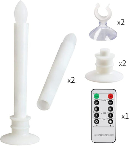 2 Pack Flameless Taper Candles with Remote/Timer & Suction Cup, Battery Operated Flickering LED Window Candles, Vintage Christmas Electric Fake Candlesticks, White Holder