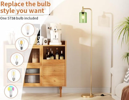 Ziisee Floor Lamps for Living Room - Industrial Standing Lamp with Green Glass Shade, Modern Gold Floor Lamp with LED Bulbs, Farmhouse Floor Lamp for Bedroom, Tall Lamp for Office