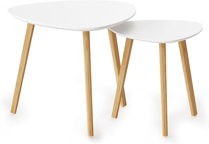 BAMEOS Bamboo Nesting Triangle End Table,Set of 2 Side Table Modern Minimalist Coffee Table for Living Room, Balcony in White