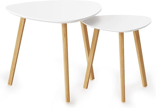 BAMEOS Bamboo Nesting Triangle End Table,Set of 2 Side Table Modern Minimalist Coffee Table for Living Room, Balcony in White