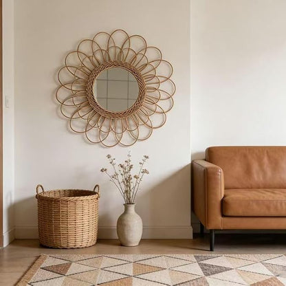 OYPEIP 22" Large Rattan Innovative Art Decoration Round Makeup Mirror Dressing Bedroom Bathroom Wall Hanging Mirrors Craft Photo Props,Glass Decor