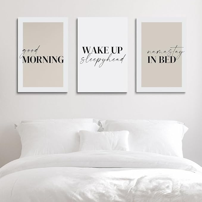GUBIYU Bedroom & Morning Wall Art Prints Set of 3, Above Bed Decor, Good Morning Namastay in Bed Canvas Art, 20"x28" Each
