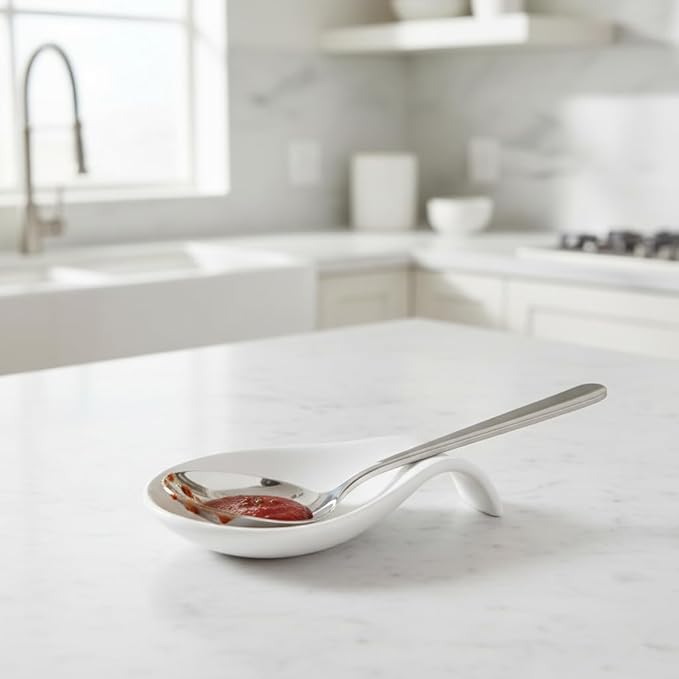Nihow Ceramic Spoon Rest: 4 Inch Stable Utensil Rest - Heat Resistant Spoon Holder for Kitchen counter/Countertop/Stove Top - Dishwasher Safe - Matte White (1 PC)
