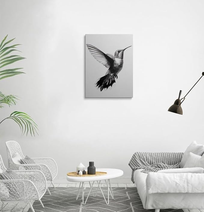 Black and White Hummingbird Canvas Wall Art Framed Detailed Pencil Drawing Print High Contrast Minimalist Bird Wall Decor Artwork Poster for Modern Home Office Decor 12x16 Inches