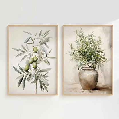 ZHBJSM Olive Branch Wall Art Set of 2 Boho Farmhouse Scandinavian Minimalist Watercolor Olive Branch Clay Vase Earthy Neutral Tone For Home Kitchen Dining Room Living Room 16x24 Inch Unframed