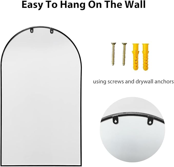 Wall Mounted Mirror, 38x24 Inch Black Bathroom Mirror, Arched Window Mirrors for Wall, Arched Top Mirror with Metal Frame, Vanity Mirror for Living Room or Bedroom