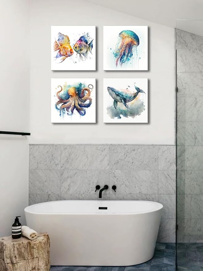 Colorful Marine Life Canvas Wall Art for Bathroom Decor, Green Jellyfish Picture Print, Watercolor Fish Artwork Sea Life Blue Orange Octopus Painting Poster for Bedroom Living Room Decoration 12"x12"