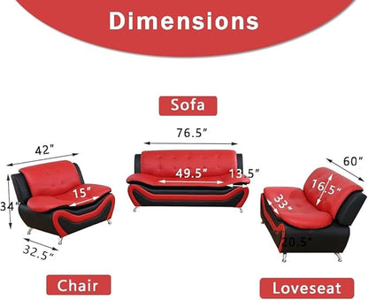 Living Room Furniture Sets, Black&Red Faux Leather Sofa Couches, 3PCS Living Room Sofa Sets, Loveseat and 2 Chairs for Bedroom, Rv Car, Office