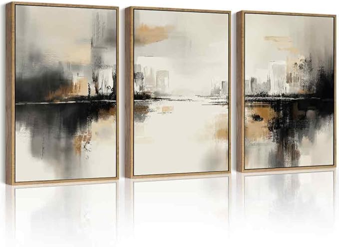 Drsoum Vintage Black Gray Abstract Wall Art Framed Brown Tan Neutral Prints Minimalist Modern Rustic Artwork Bedroom Living Room Ready to Hang 11x14in Natural Framed