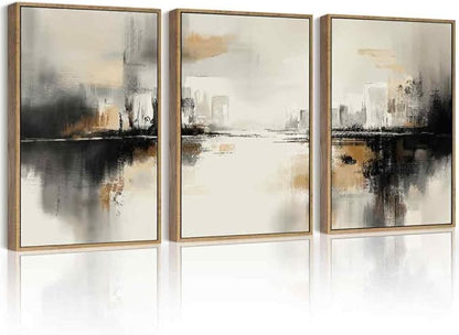 Drsoum Vintage Black Gray Abstract Wall Art Framed Brown Tan Neutral Prints Minimalist Modern Rustic Artwork Bedroom Living Room Ready to Hang 11x14in Natural Framed