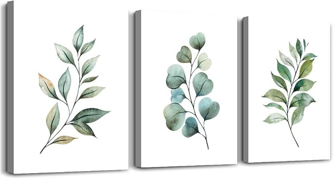 Green Leaf inspirational canvas Wall Art for Bedroom modern Canvas Prints Artwork Bathroom Wall Décor for Living Room Office Abstract Watercolor paintings 3 Piece Home Decoration kitchen wall painting