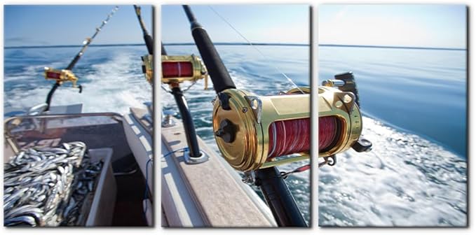 Pacimo 3 Pieces Canvas Wall Art Fishing Reels and Rods Pictures Prints Wall Decor for Living Room Angling Gallery-Wrapped Modern Artwork White Sea Wave Paintings Bedroom House Decor Framed - 16"x24"x3