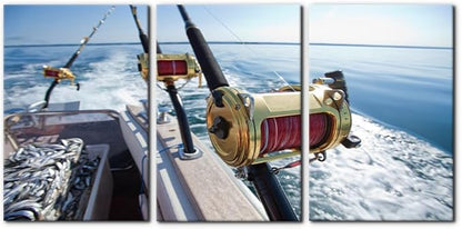 Pacimo 3 Pieces Canvas Wall Art Fishing Reels and Rods Pictures Prints Wall Decor for Living Room Angling Gallery-Wrapped Modern Artwork White Sea Wave Paintings Bedroom House Decor Framed - 16"x24"x3