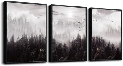 Black Framed Canvas Wall Art - Boho Wall Decor for Living Room & Bedroom - Foggy Forest Trees Scenery - 3 Pieces