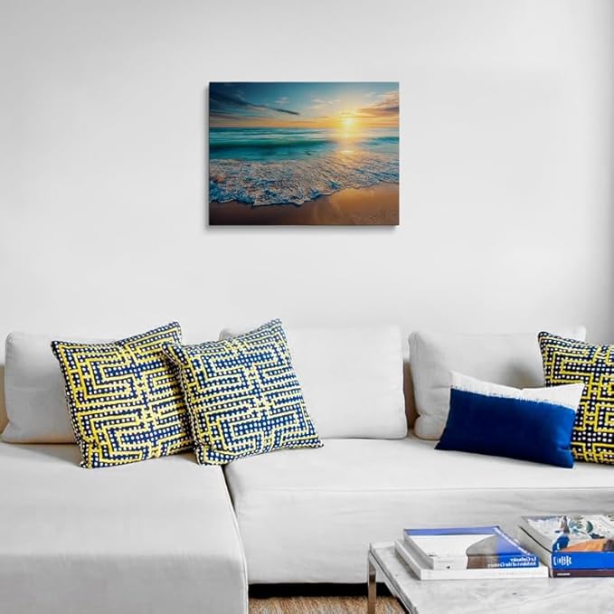 Beach Sunset Wall Art Canvas Framed Painting Golden Sunlight Over Turquoise Ocean Waves Sandy Shore Coastal Wall Decor Artwork for Living Room Bedroom Office 12x16 Inches