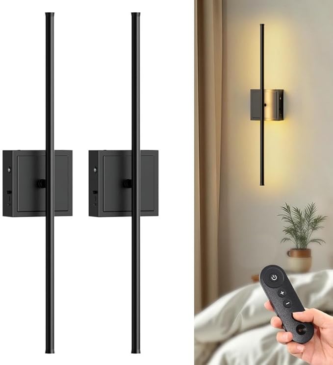 DORESshop Battery Operated Wall Sconces Set of 2, Dimmable Battery Wall Sconce with Remote Control, Black 350°Rotate Rechargeable Sconces, 23.7 Inch Wireless Wall Lights for Bedroom, Living Room