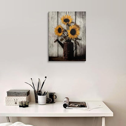 Farmhouse Sunflower Canvas Wall Art Framed Print Rustic Still Life with Vintage Watering Can on Whitewashed Wood Wall Decor Artwork for Kitchen Country Decor 16x24 Inches