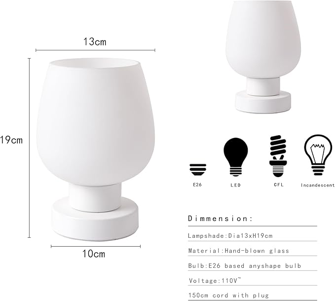Touch Table Lamp with 3 Way Dimmable for Bedroom Nightlight Living Room, Modern Desk Lamp with LED Bulb, White Opal Glass Lamp Shade, Metal Base