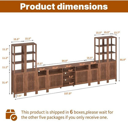 BVIUNTWO Farmhouse TV Stand for 100 inch TVs, Entertainment Center with Bookshelves, 8 Door Media Console with Adjustable Shelves, Storage Cabinet for Living Room Bedroom Home Theater, Rustic Brown