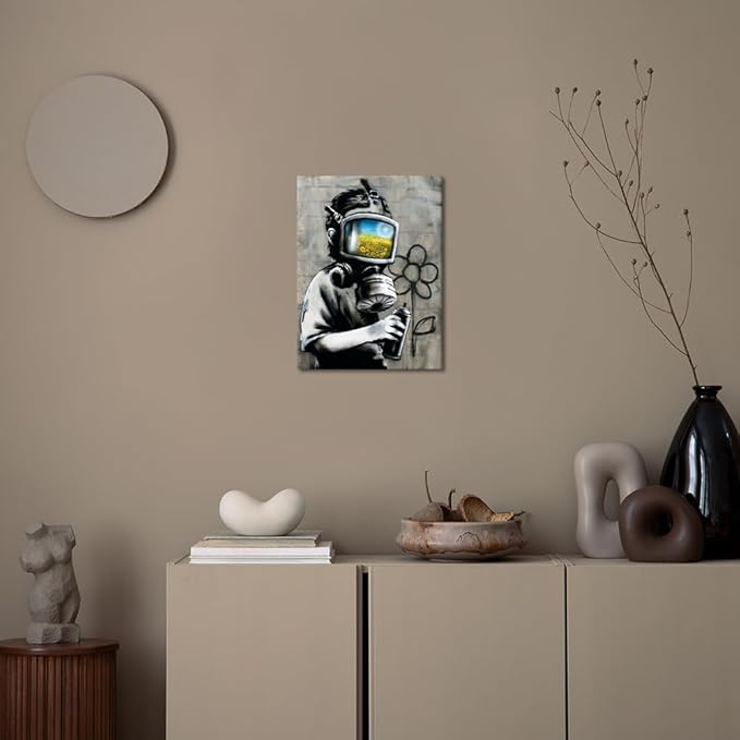 Yatsen Bridge Classic BANKSY Canvas Sunflower Field Mask Wall Art Print Street Graffiti Printable Painting Home Decor Posters Stretched and Framed Ready to Hang - 12x16 inch